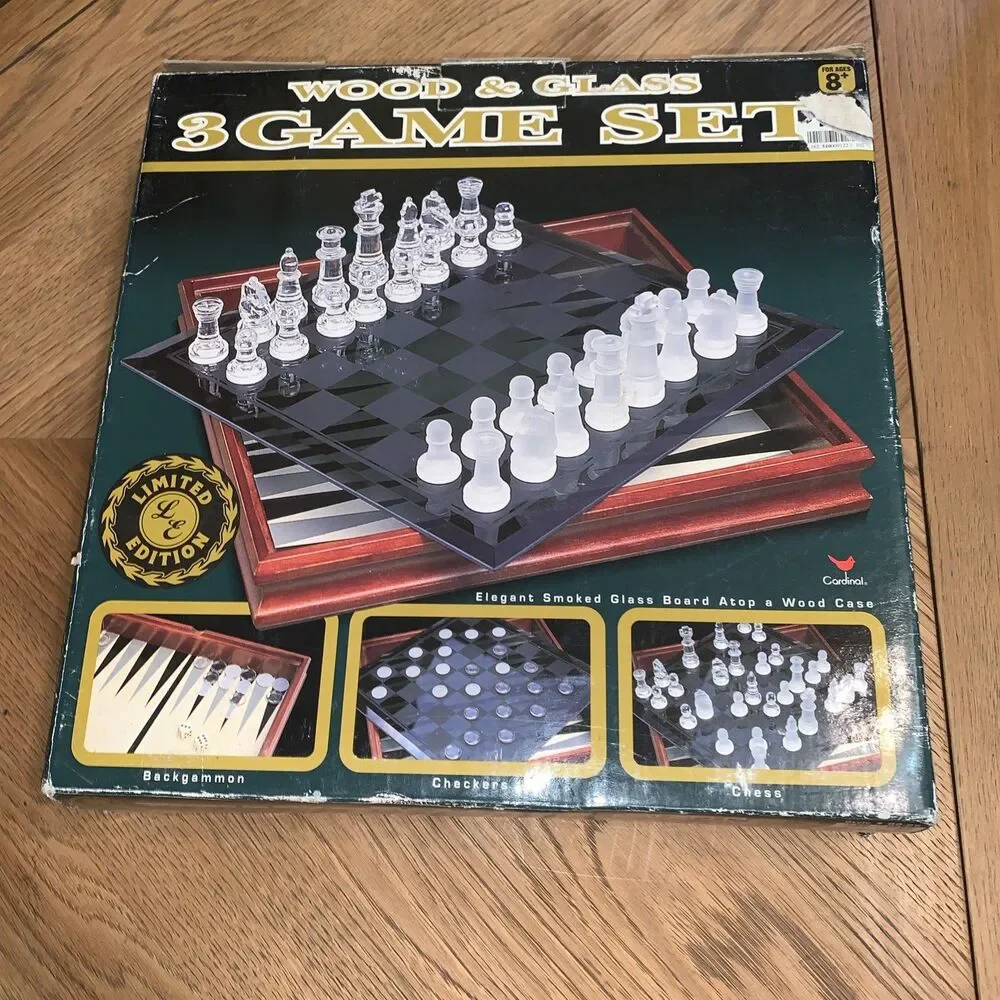 GLASS & WOOD 3 GAME SET CHESS - CHECKERS - BACKGAMMON CARDINAL MODEL 82-25 NOB